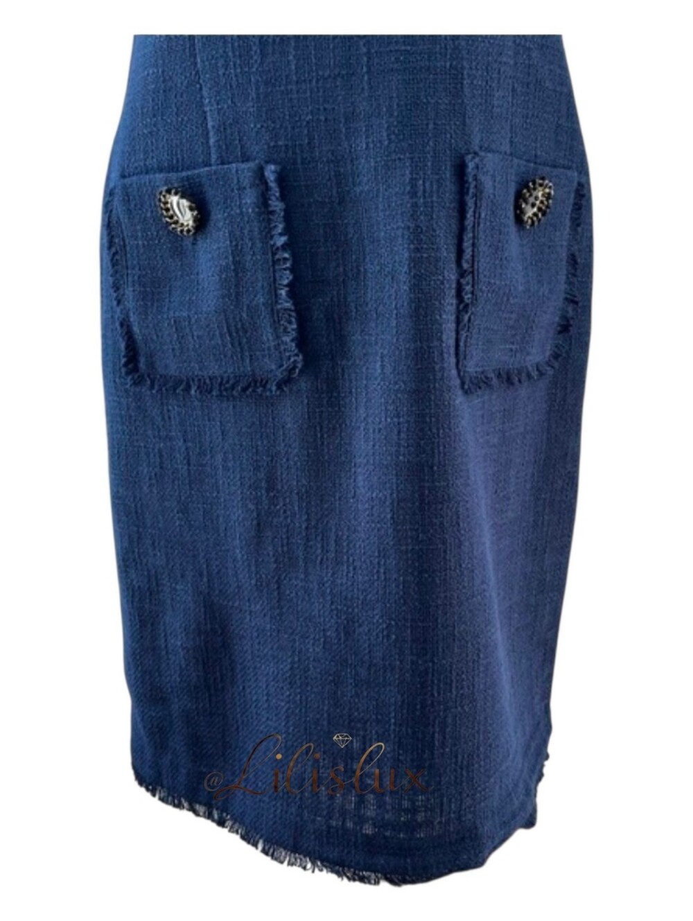 KARL LAGERFELD PARIS Sleeveless Tweed Fringe Sheath Dress Navy Size 10 EUC - Picture 5 of 15